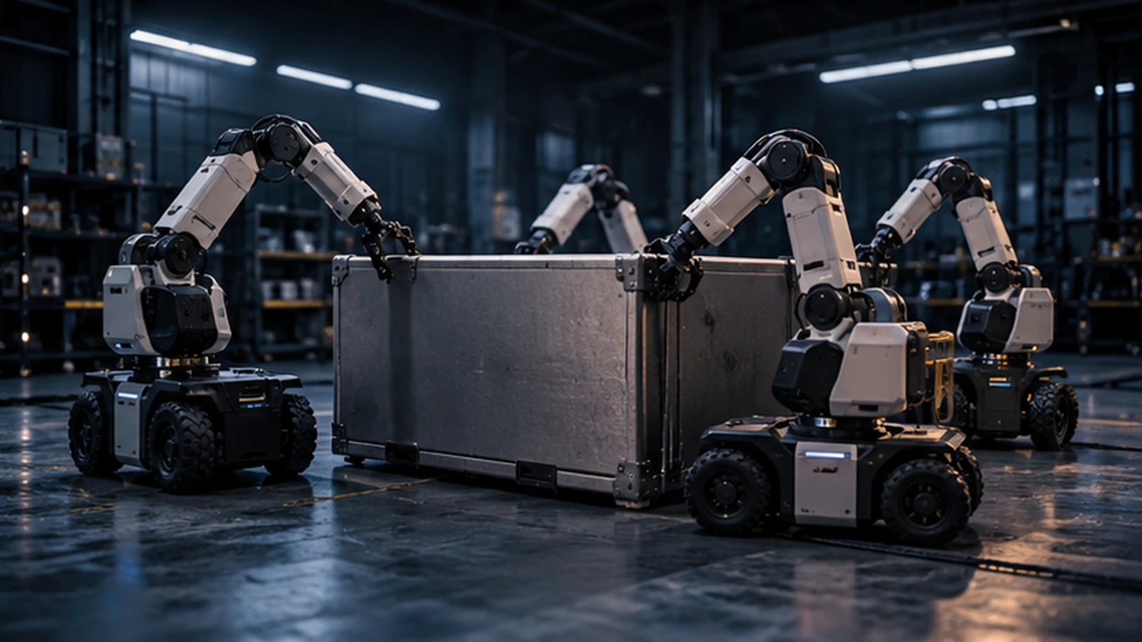 Mobil robotkarok összehangoltan mozgatnak nagyméretű ládát. Szerkesztőségi AI-illusztráció, nem a CMU tesztjének felvétele.