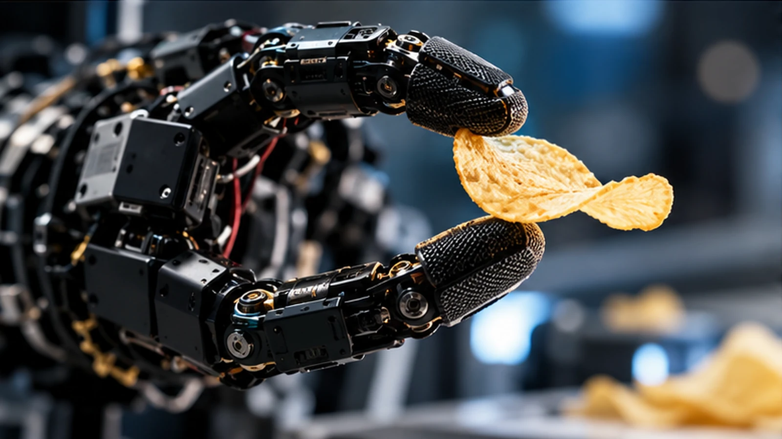 Robotkéz finoman egy ropogós chipsdarabot tart. Szerkesztőségi AI-illusztráció, nem a CMU eredeti kísérleti képe.