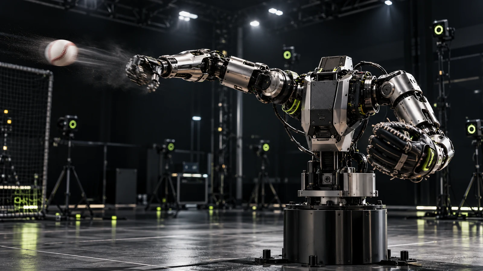 Baseball-labdát dobó kétkarú robot koncepciója; APPTRONIK szerkesztőségi AI-illusztráció, nem AthenaZero-dokumentumfotó.