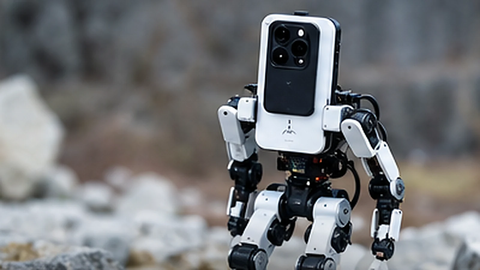 Okostelefonon alapuló apró kétlábú robot koncepciója; APPTRONIK szerkesztőségi AI-illusztráció, nem eredeti PhoneBot-fotó.