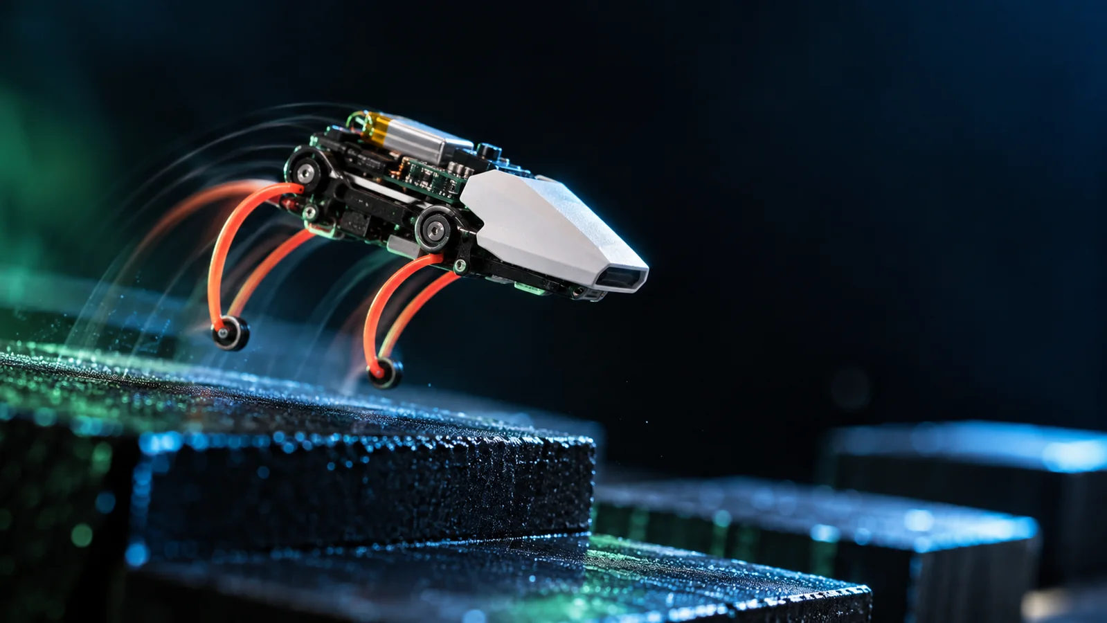 AI-illusztráció: rugalmas mechanikájú ugráló minirobot, nem a kutatók eredeti dokumentumfotója.