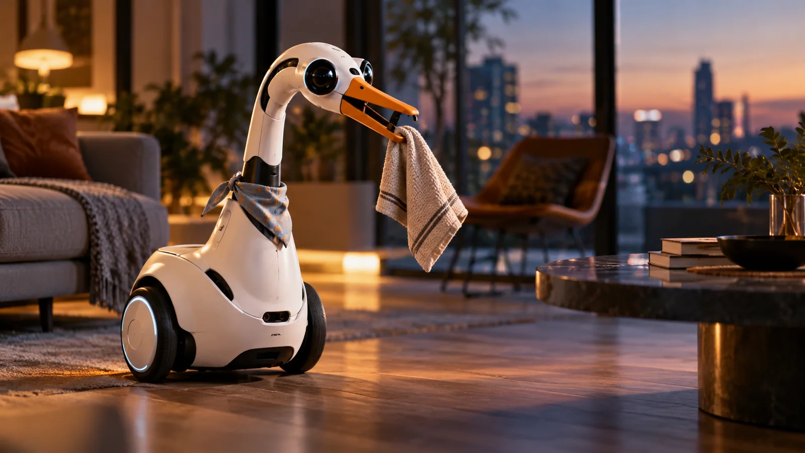 AI-illusztráció: libaszerű Goose otthoni robot egy nappaliban, nem eredeti dokumentumfotó.