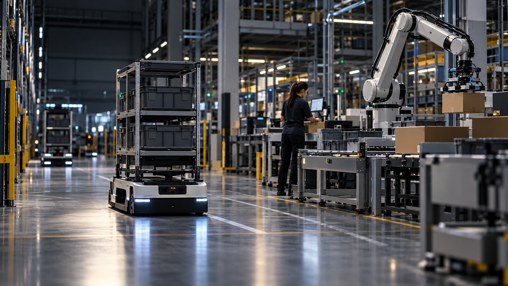 AI-val generált szemléltető illusztráció: önjáró szállítórobot és robotkar egy raktárban. Nem az Amazon Proteus vagy Vulcan hivatalos fotója.