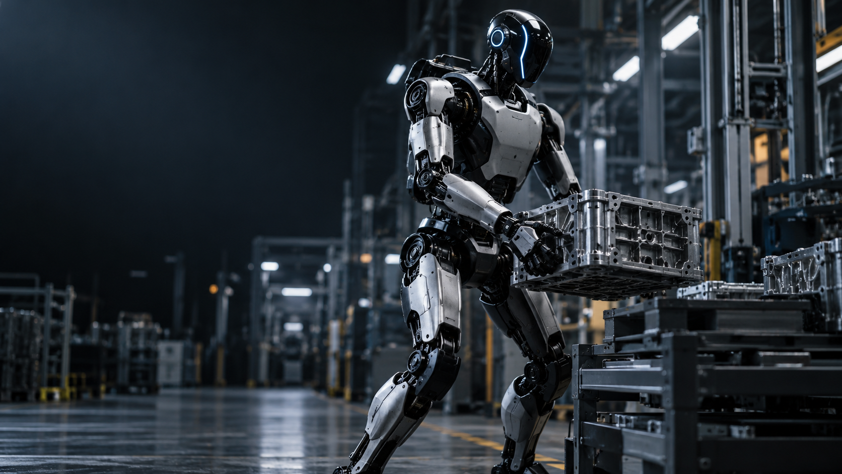 AI-val generált koncepcióillusztráció: egy humanoid robot ipari alkatrészt mozgat egy gyárban. Nem a Boston Dynamics Atlas hivatalos termékfotója.