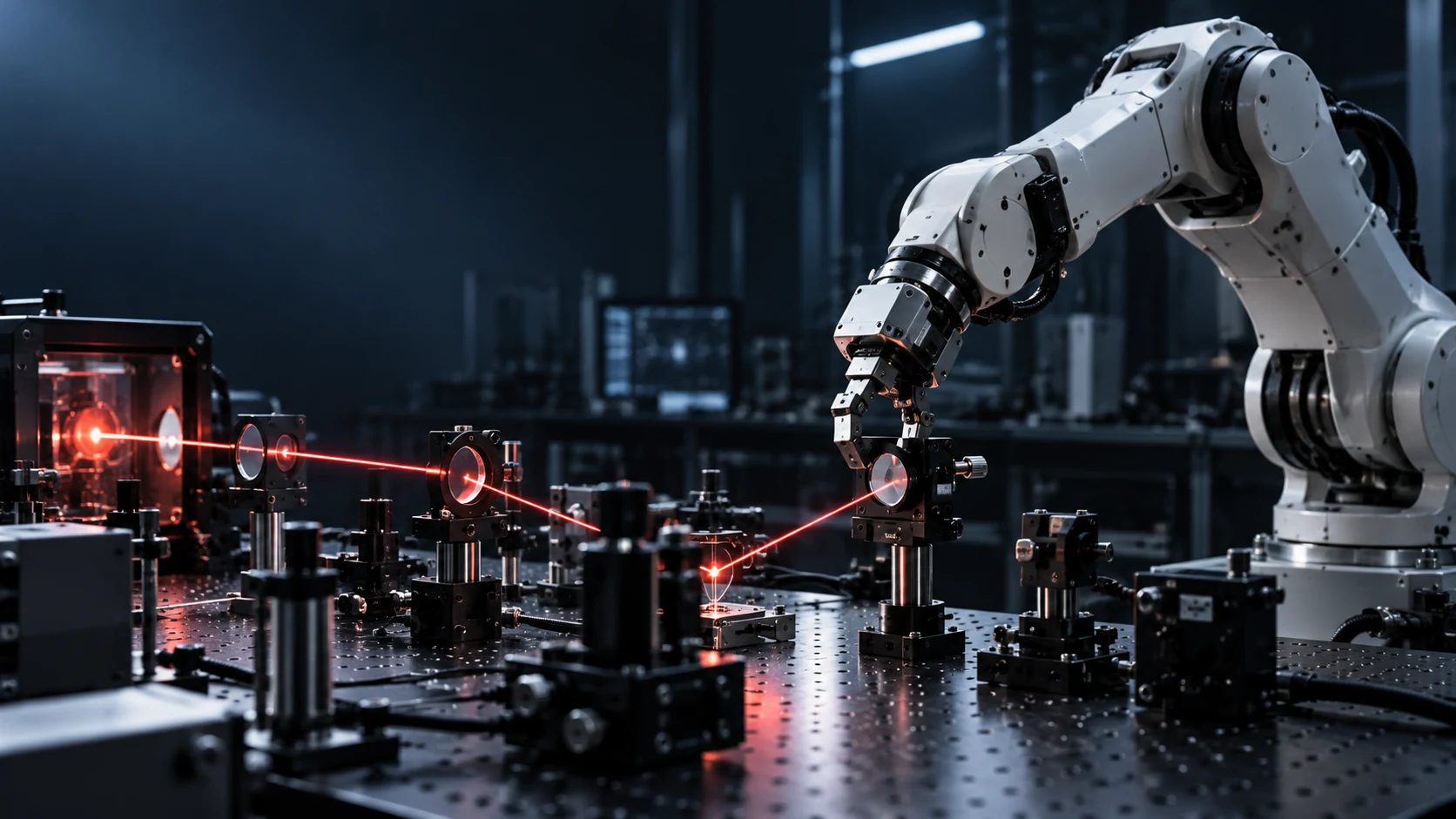 AI-generált illusztráció robotkarról, lézerfényről és optikai laboratóriumról; nem az MIT valódi laborjának fényképe.