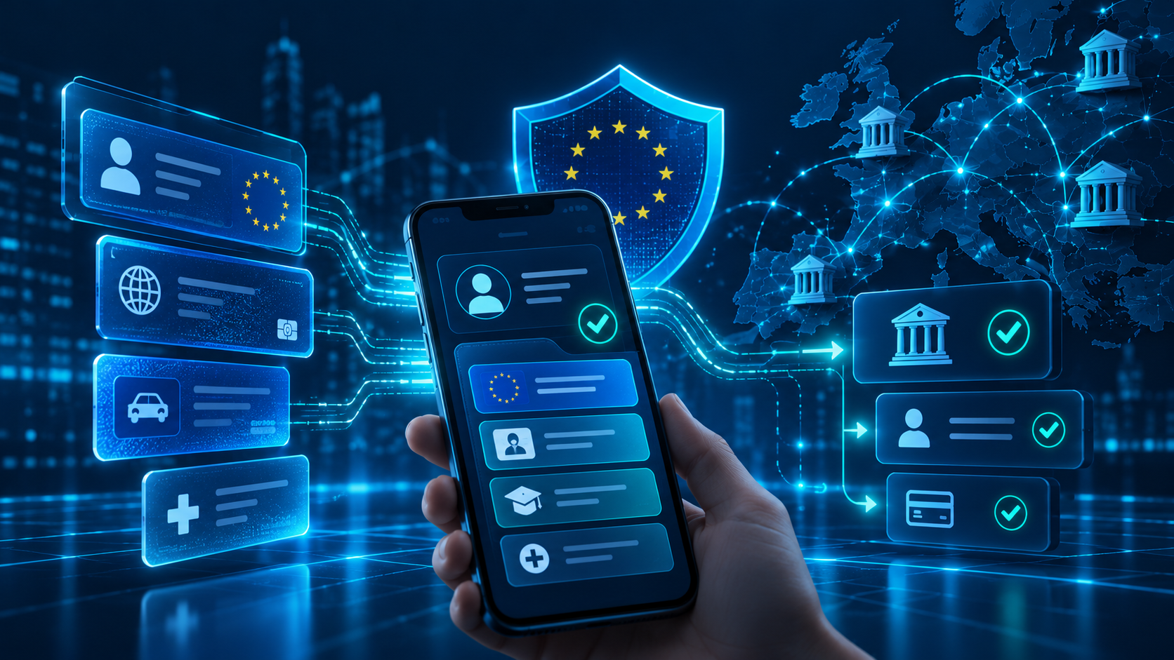 Európai digitális személyazonosság-tárca mobiltelefonon, ellenőrzött igazolványokkal és banki adatkapcsolatokkal.