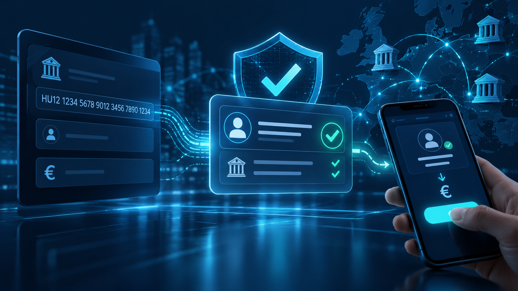 Euróátutalás előtti kedvezményezetti név- és IBAN-ellenőrzést ábrázoló digitális banki illusztráció.