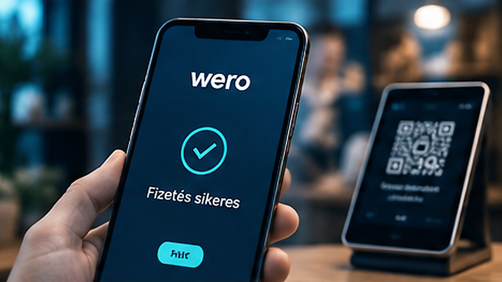 Mobiltelefonos európai kereskedői fizetés digitális tárcával és QR-kódos terminállal.