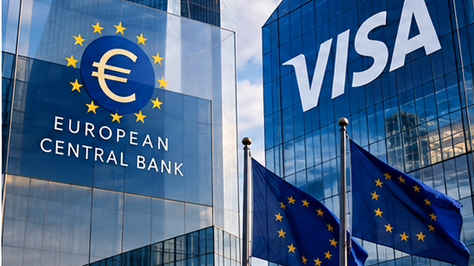 Visa Europe és Európai Központi Bank felvigyázási témájú, pénzügyi infrastruktúrát ábrázoló illusztráció.
