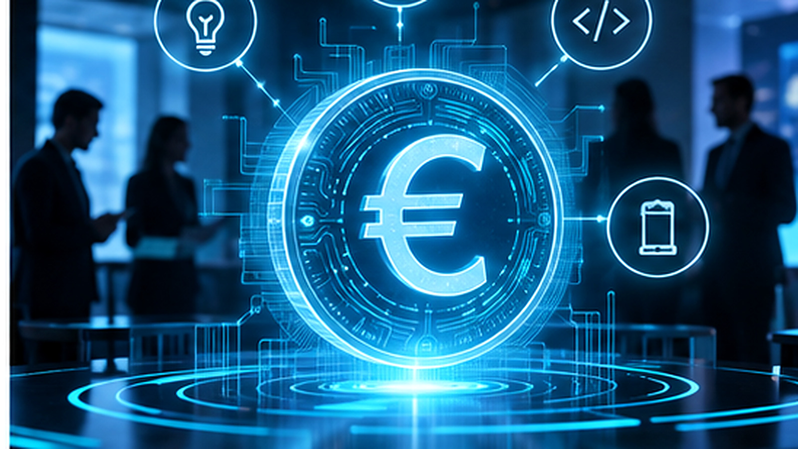 Digitális euró és mesterségesintelligencia-alapú fizetések futurisztikus innovációs illusztrációja.