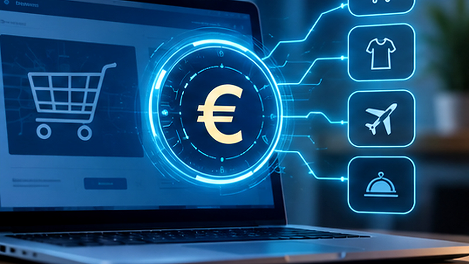 Digitális eurót ábrázoló fénylő jel webáruház pénztári felülete mellett.