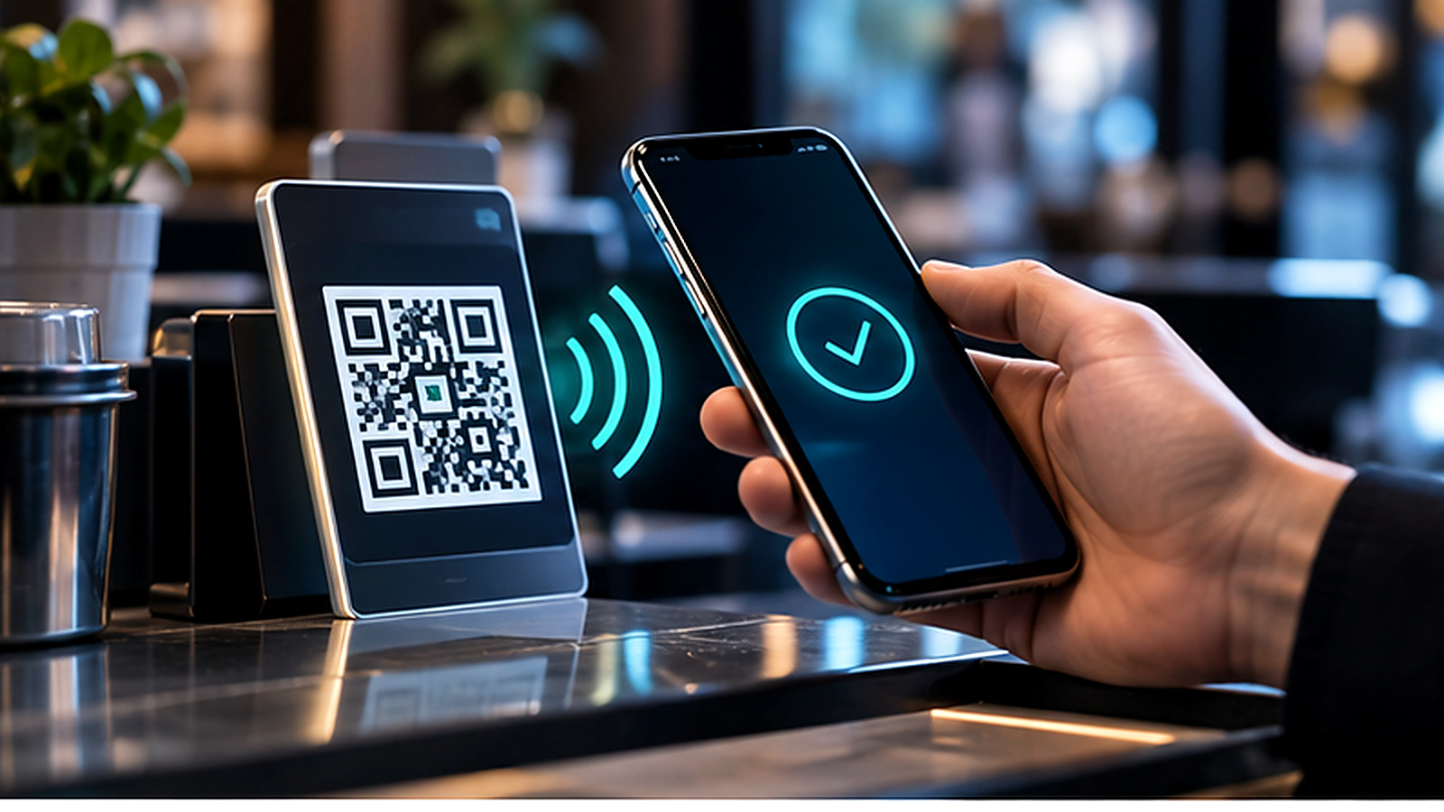 Mobiltelefonos QR-kódos qvik-fizetés üzleti pénztárnál, kék-türkiz fintech illusztráción.