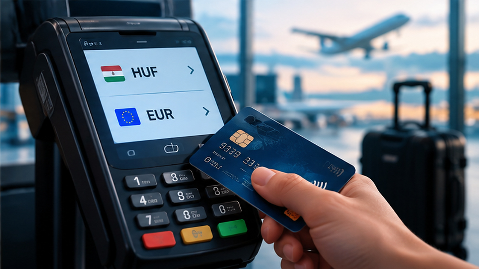 Külföldi bankkártyás fizetés terminálon, forint és euró közötti választási lehetőséggel.