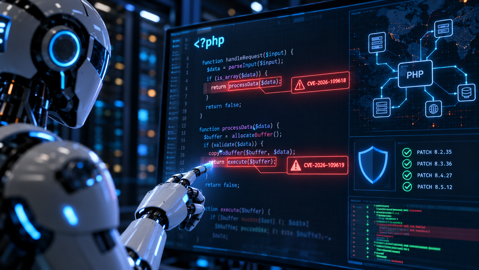 Mesterséges intelligencia PHP-programkód biztonsági hibáit elemzi; a háttérben webszerverek és védelmi jelzések láthatók.