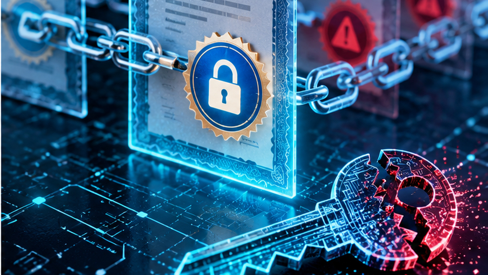Digitális HTTPS-tanúsítványlánc és sérülékeny kriptográfiai aláírókulcs sötétkék, türkiz biztonsági illusztráción.