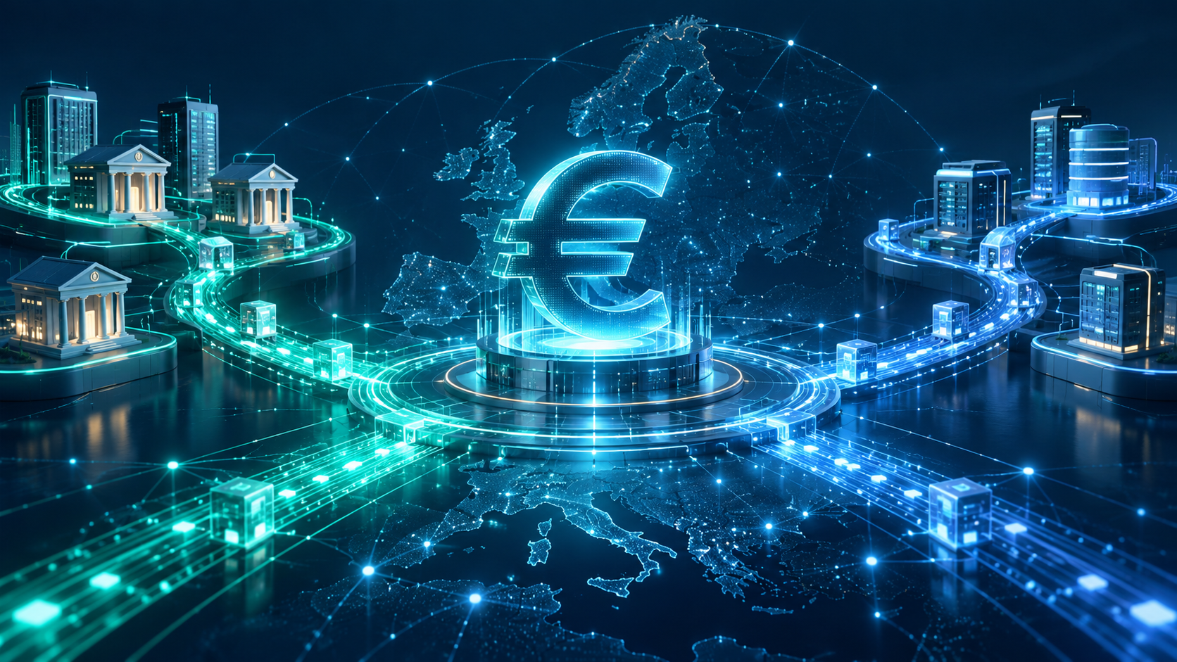 Stilizált digitális eurójel, amelyhez két oldalról bankokat és fizetési szolgáltatókat jelképező kék-türkiz hálózati kapcsolatok futnak.