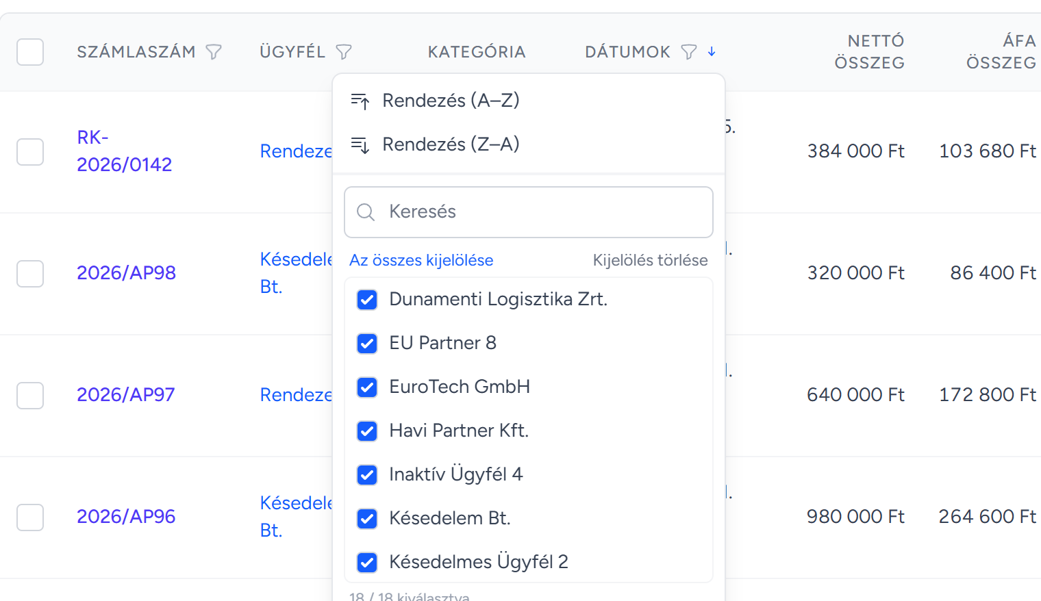 Oszlopszűrő az Ügyfél oszlop fejlécében: rendezés, keresés és több partner kijelölése