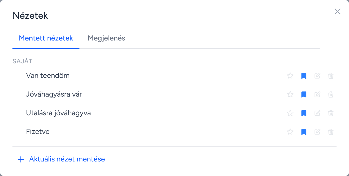 A mentett nézetek listája: alapértelmezett, kitűzés, szerkesztés és törlés minden nézet mellett