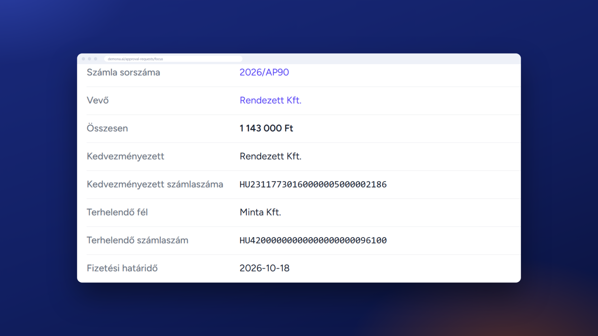 Utalásjóváhagyás adatai: kedvezményezett, bankszámlaszám, terhelendő számla