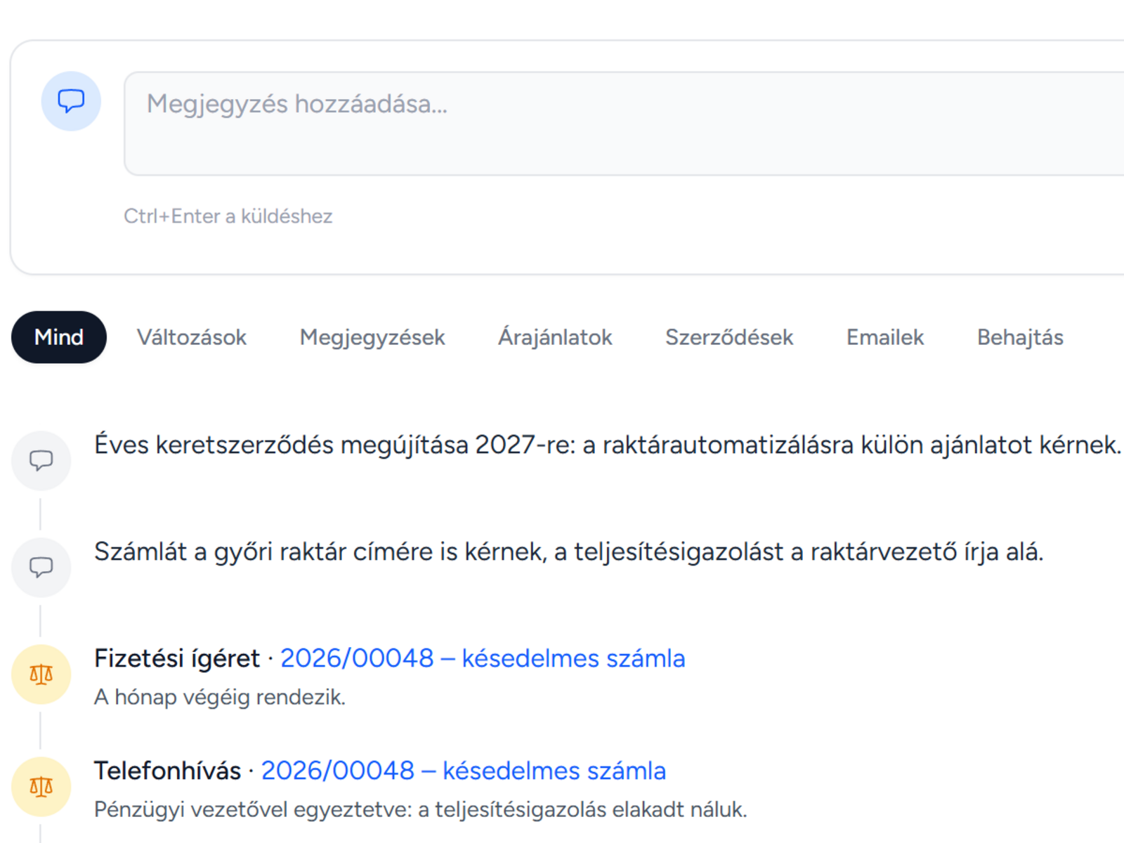Az ügyfél aktivitási idővonala megjegyzésekkel és behajtási eseményekkel
