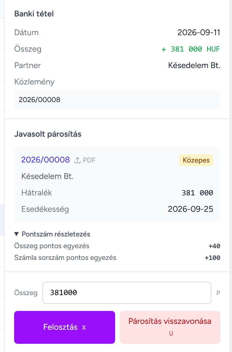 Javasolt párosítás közepes megbízhatósággal, pontszám-részletezéssel: összeg pontos egyezés, számla sorszám pontos egyezés