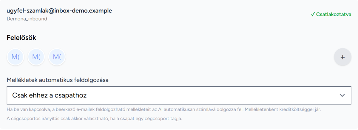 Postafiók-beállítás: mellékletek automatikus feldolgozása, csak ehhez a csapathoz