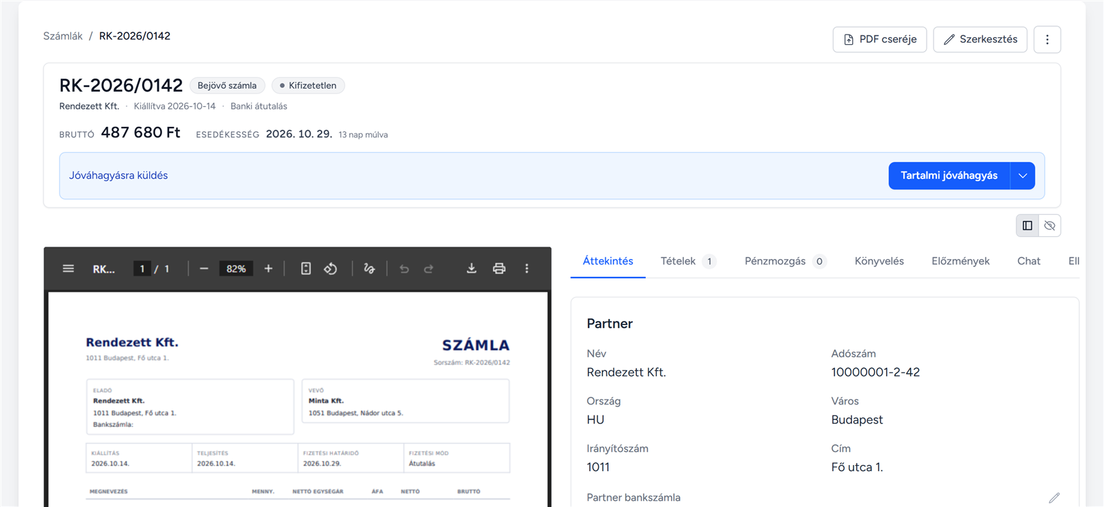 AI által létrehozott számlavázlat a számla PDF-jével és a számlajóváhagyásra küldés gombjával