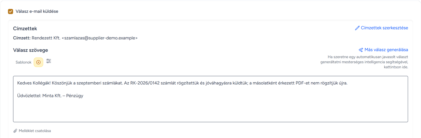 Válasz e-mail írása a Demonában, AI által javasolt válasszal