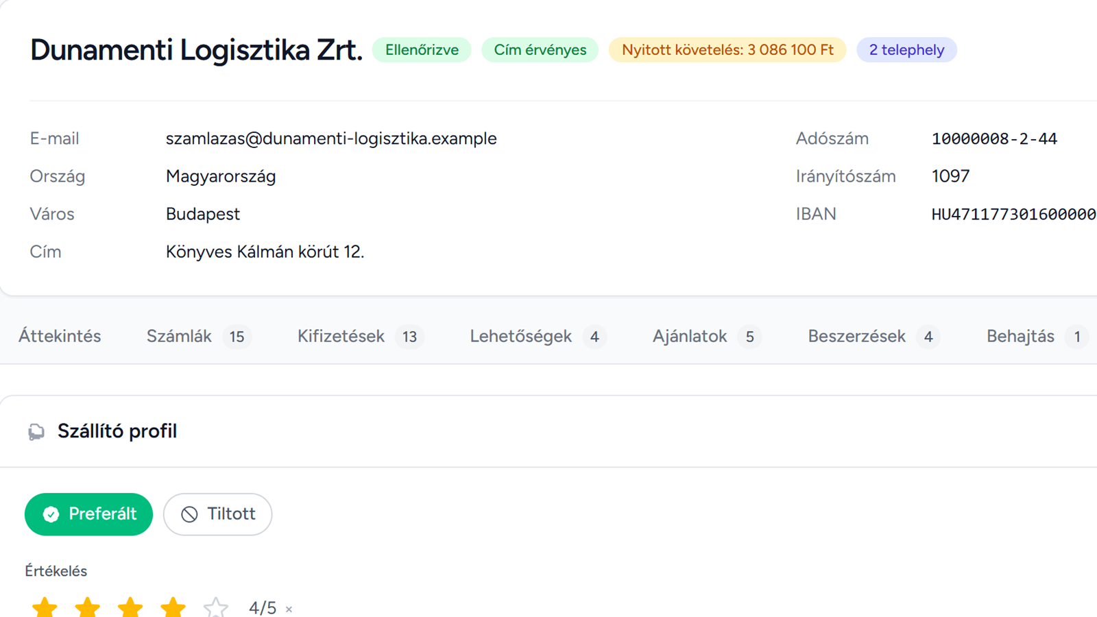 Partner adatlapja a Beszállító fülön: preferált szállító, 4/5-ös értékelés, ellenőrzött cégadatok