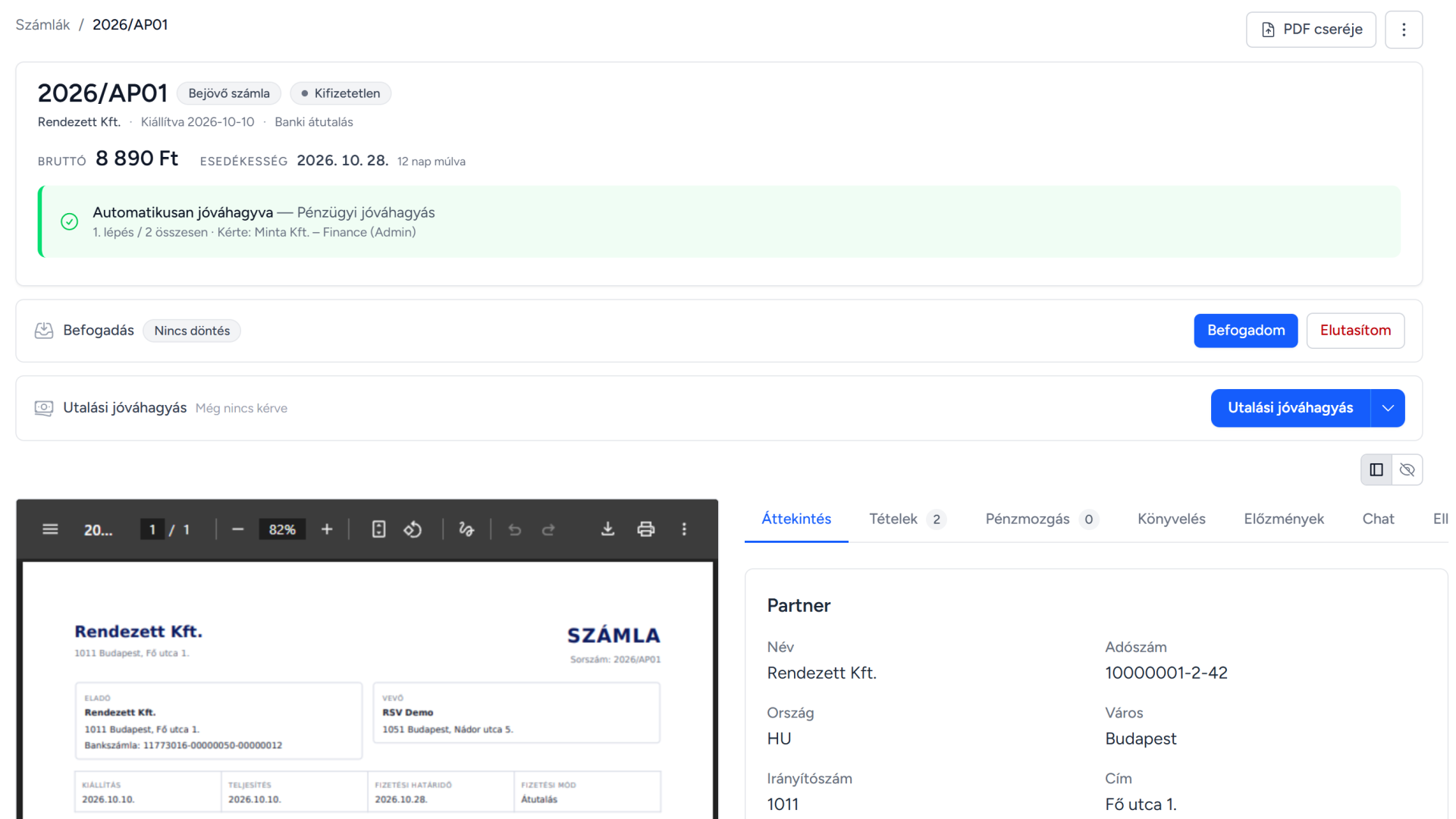 Bejövő számla a Demonában: automatikus pénzügyi jóváhagyás, befogadás, utalásjóváhagyás és a számla PDF-je egy oldalon