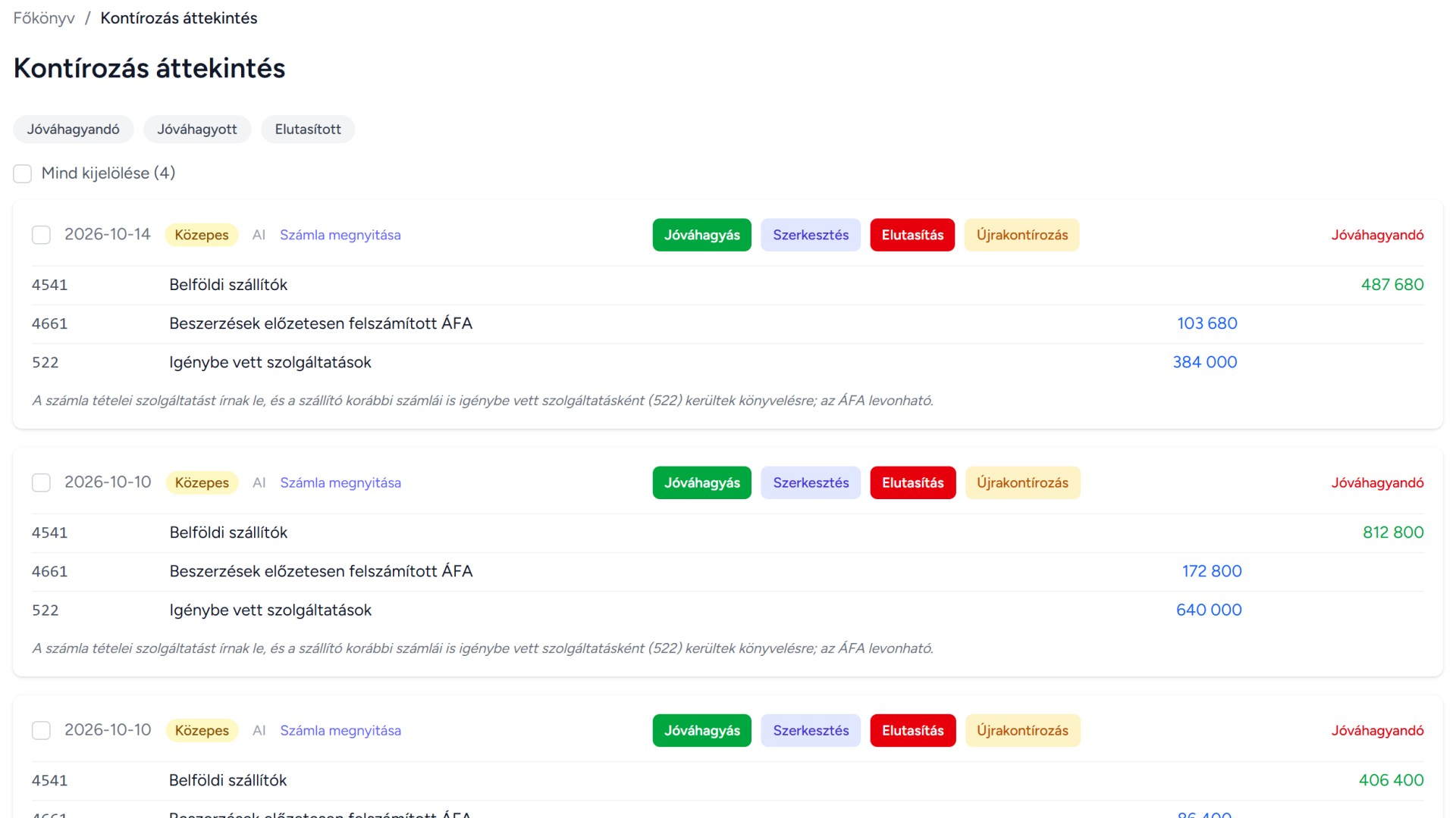 Kontírozás áttekintés: AI-javaslatok közepes megbízhatósággal, főkönyvi számlákkal és indoklással, jóváhagyás, szerkesztés és elutasítás gombokkal