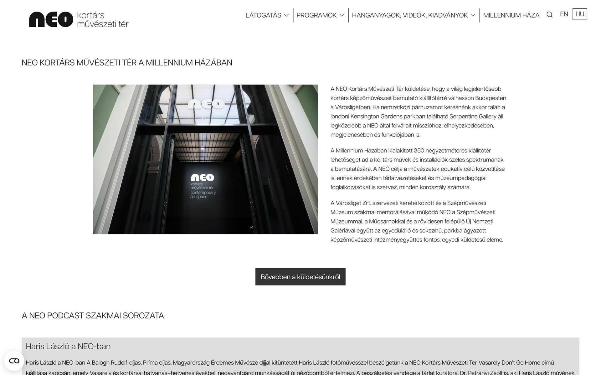 A NEO kortárs művészeti helyszín weboldala a Millennium Házában
