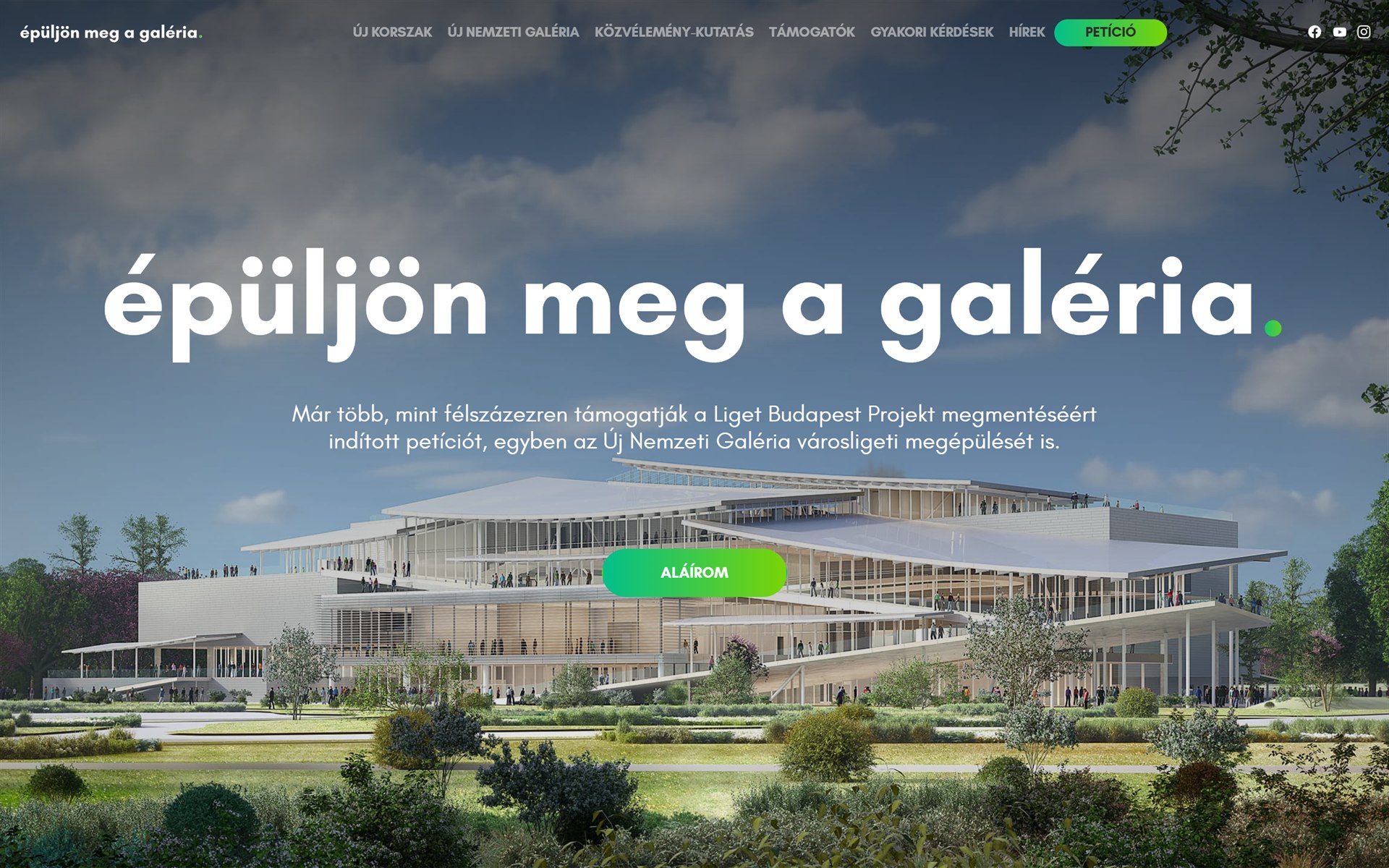 Az epuljonagaleria.hu kampányoldal nyitóképe az Új Nemzeti Galéria látványtervével