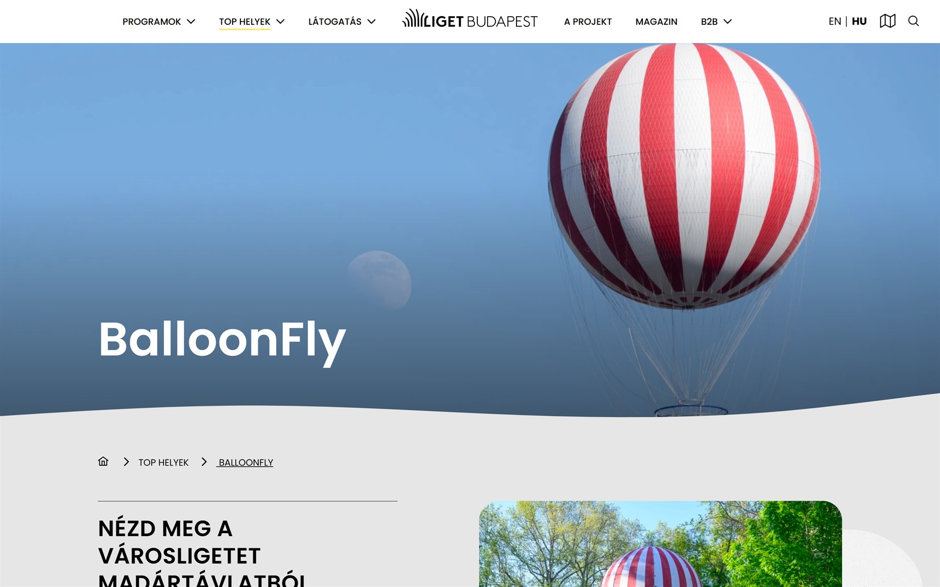 A BalloonFly kilátóballon aloldala a ligetbudapest.hu-n
