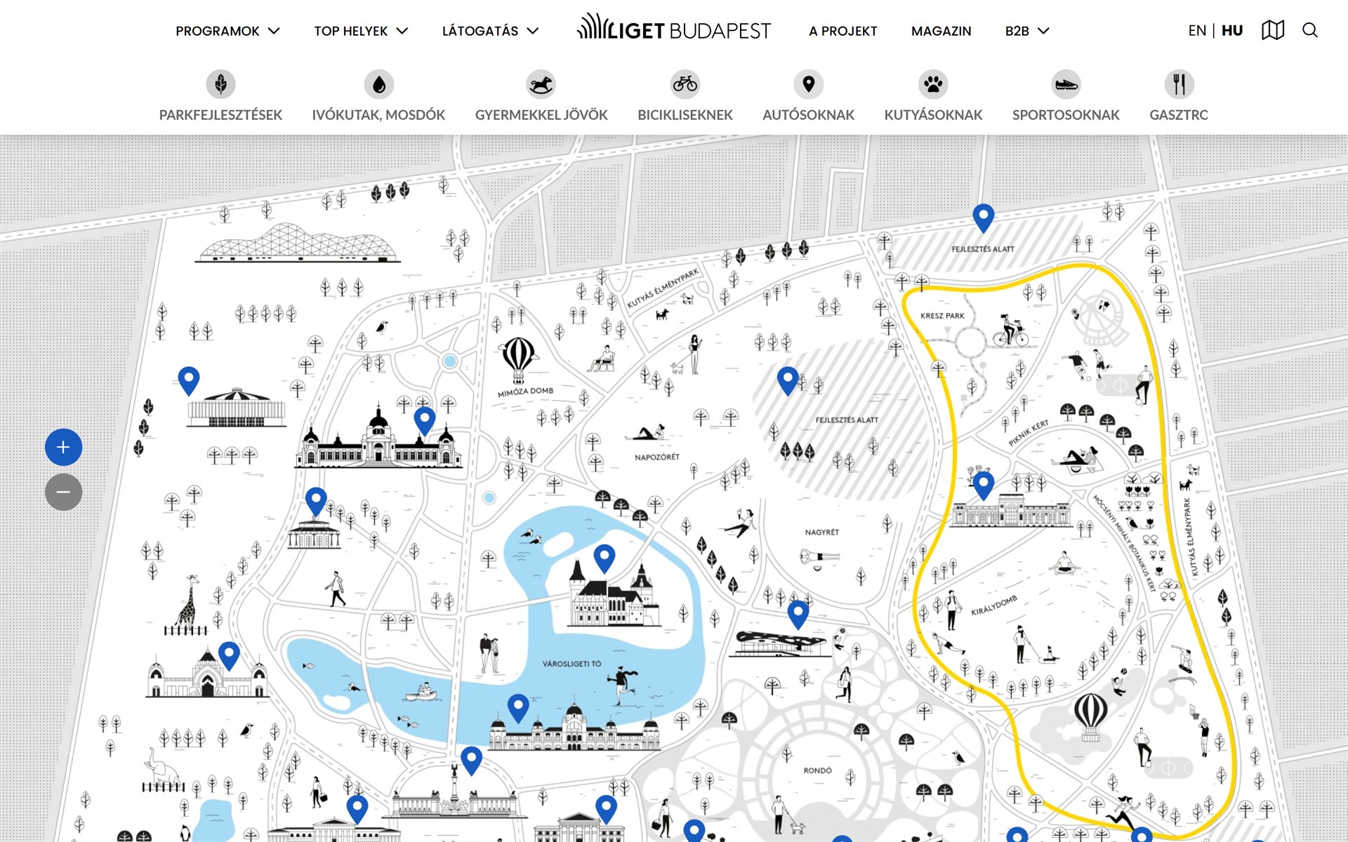 A ligetbudapest.hu térképoldala a park látnivalóinak és szolgáltatásainak szűrőivel