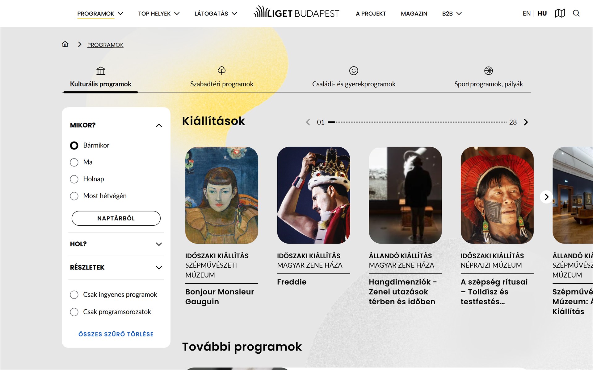 A ligetbudapest.hu városligeti programkeresője szűrőkkel és kiállításkártyákkal