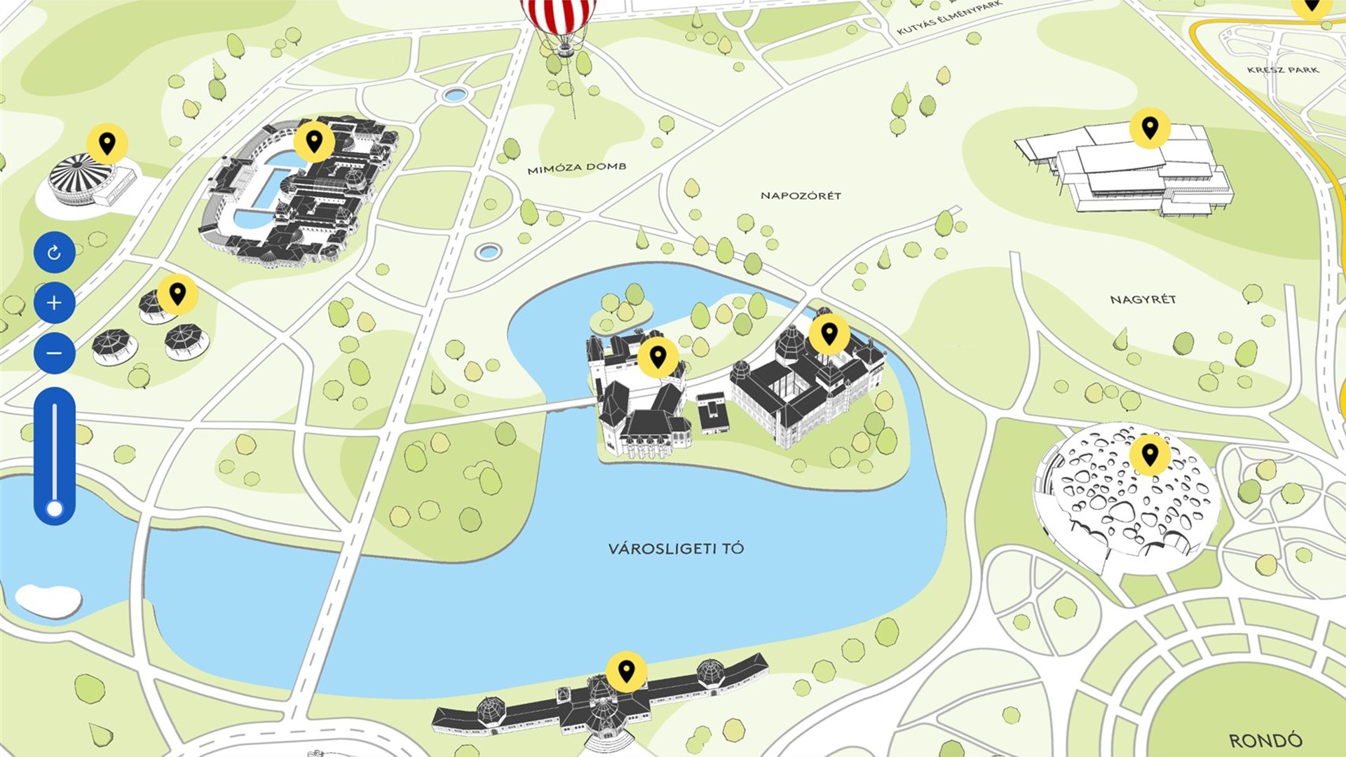 A ligetbudapest.hu nyitóképe: a Városliget illusztrált, forgatható 3D parktérképe kattintható helyszínjelölőkkel