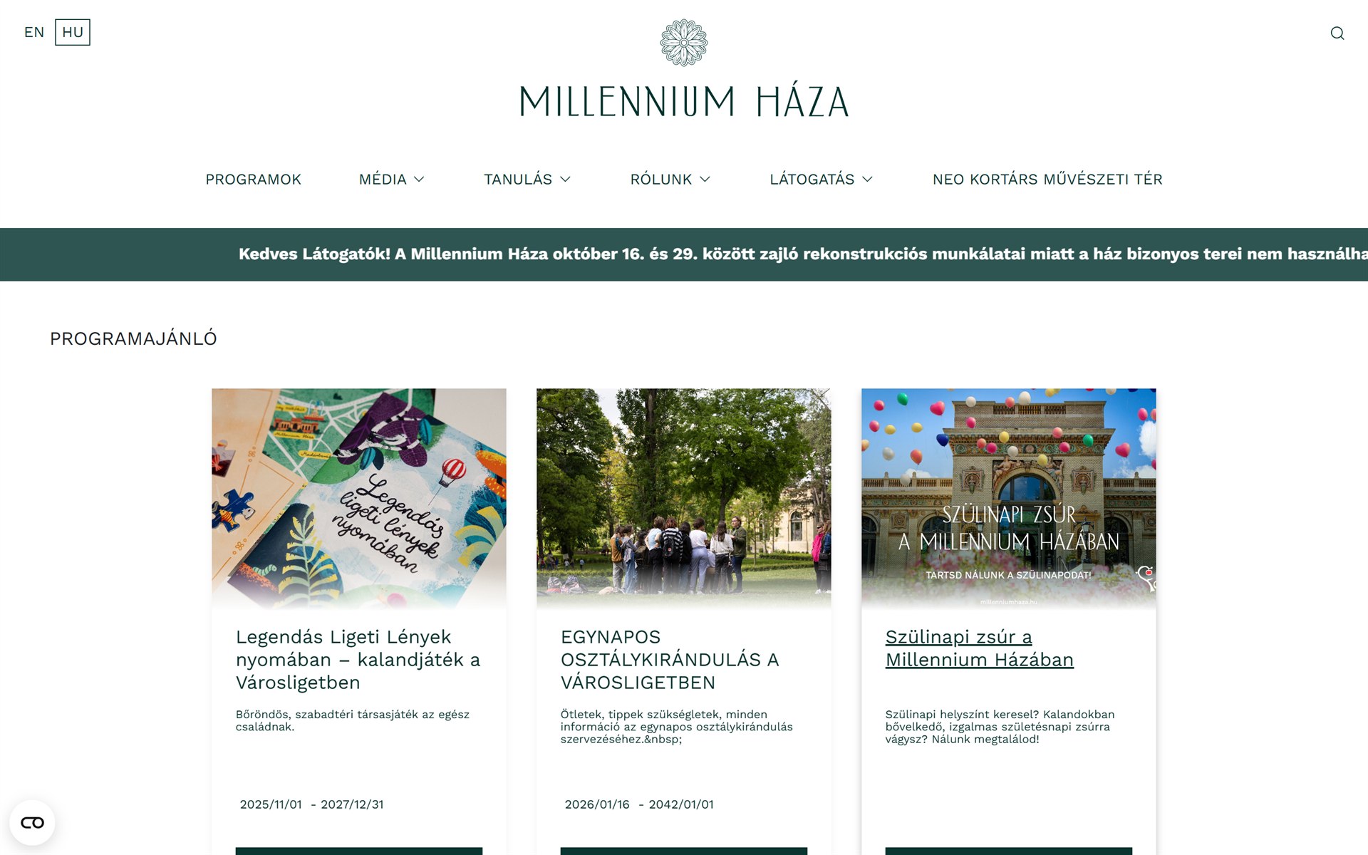 A millenniumhaza.hu főoldala a látogatói tájékoztató szalaggal és a programajánlóval