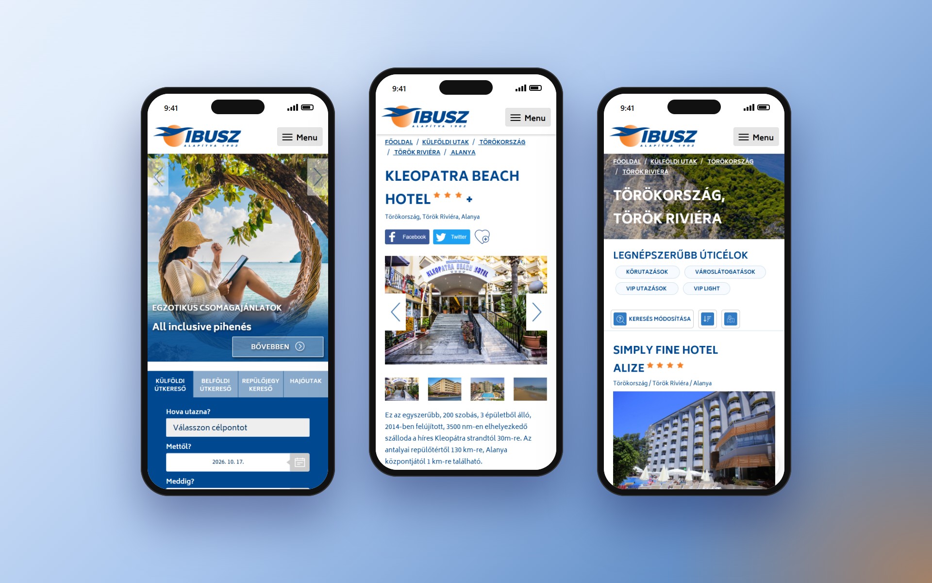 Az ibusz.hu három mobilnézete: főoldal, szállodaoldal és találati lista