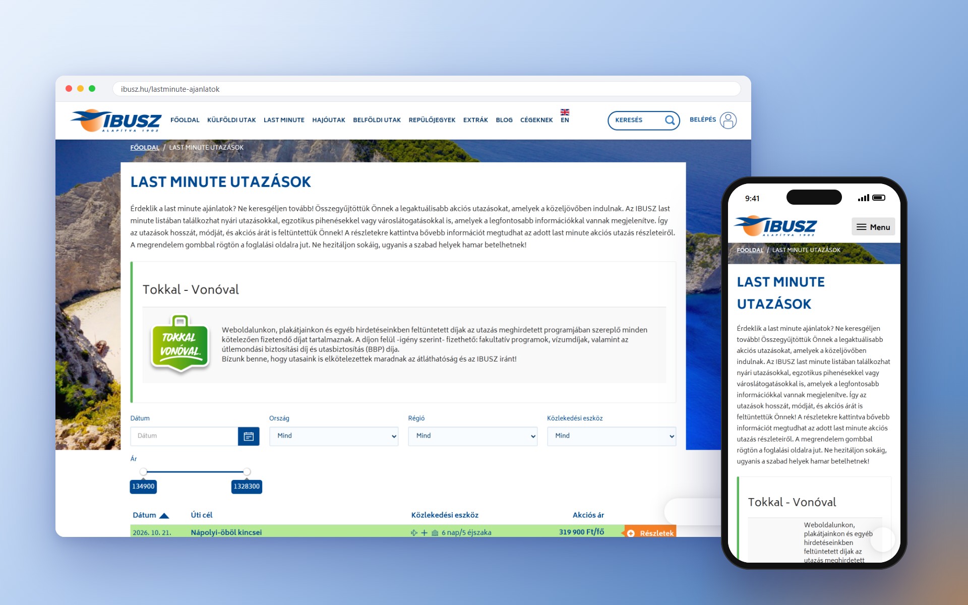 Az ibusz.hu last minute ajánlatai szűrőkkel asztali böngészőben és mobilon