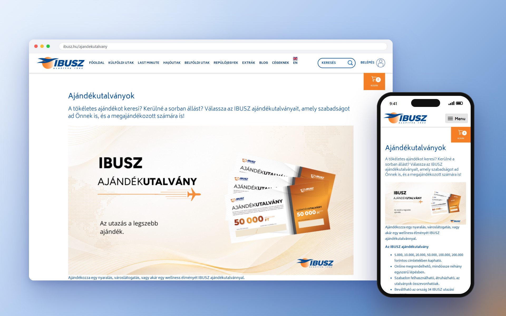 Az IBUSZ ajándékutalvány-webshopja asztali böngészőben és mobilon