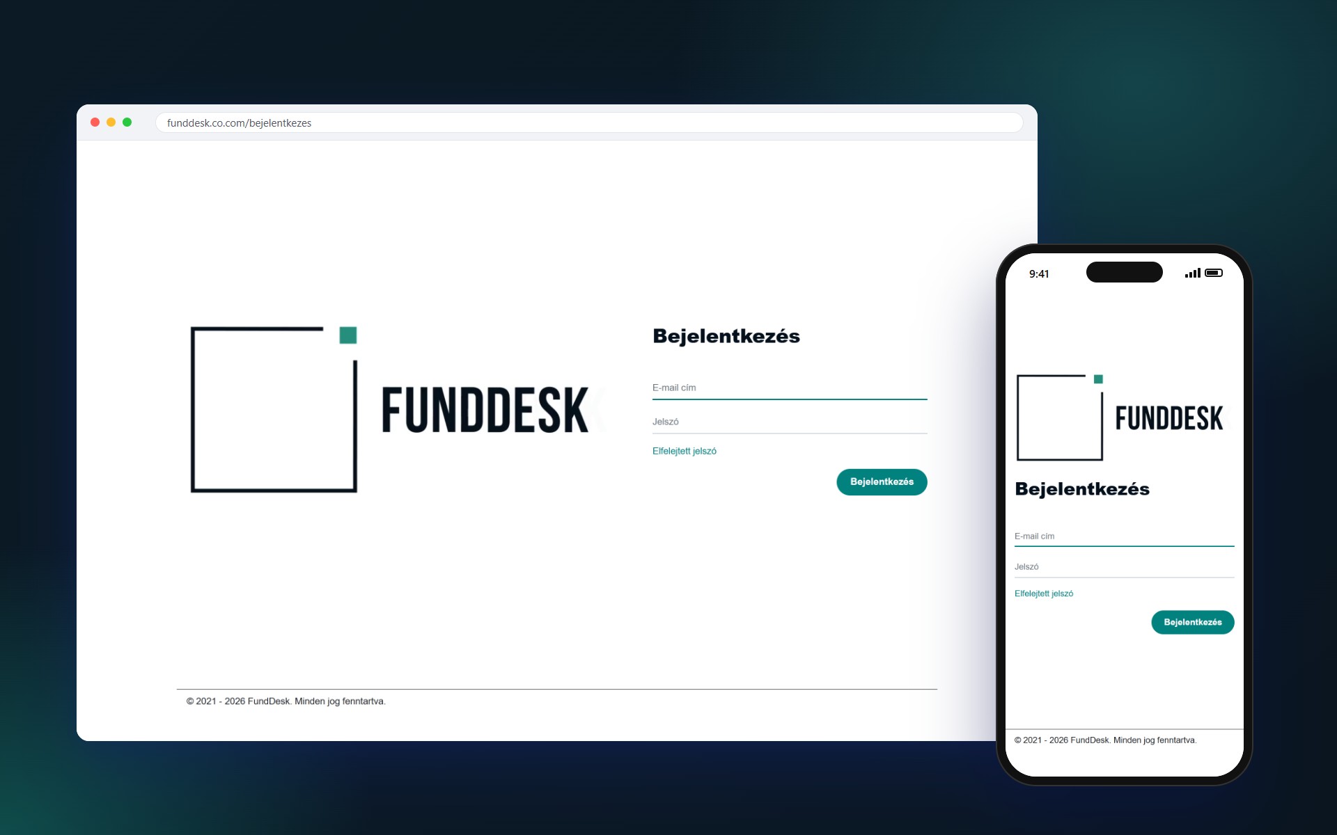 A FundDesk bejelentkező felülete a logóval asztali böngészőben és mobilon