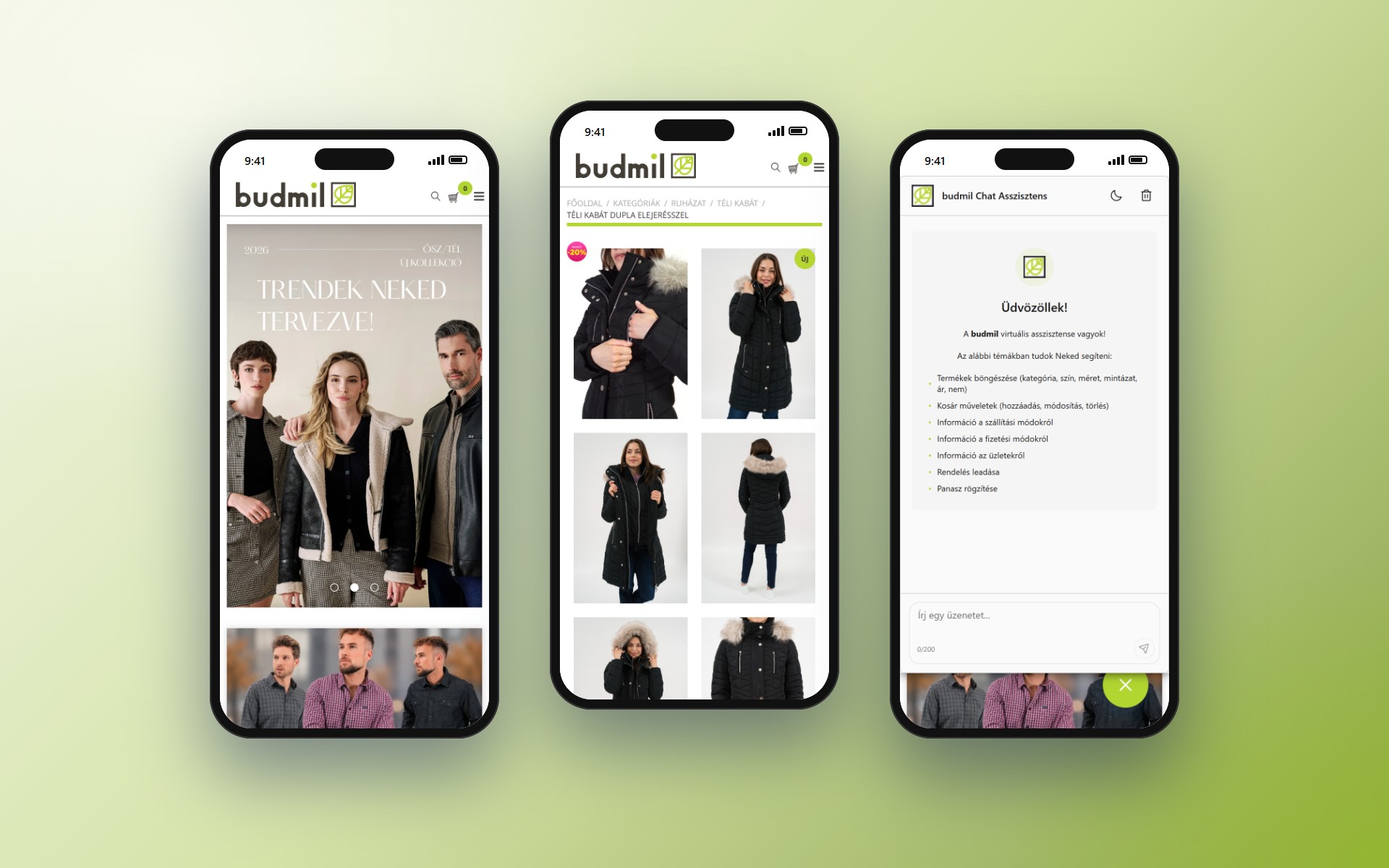 A budmil.eu három mobilnézete: főoldal, termékoldal és AI-chat asszisztens