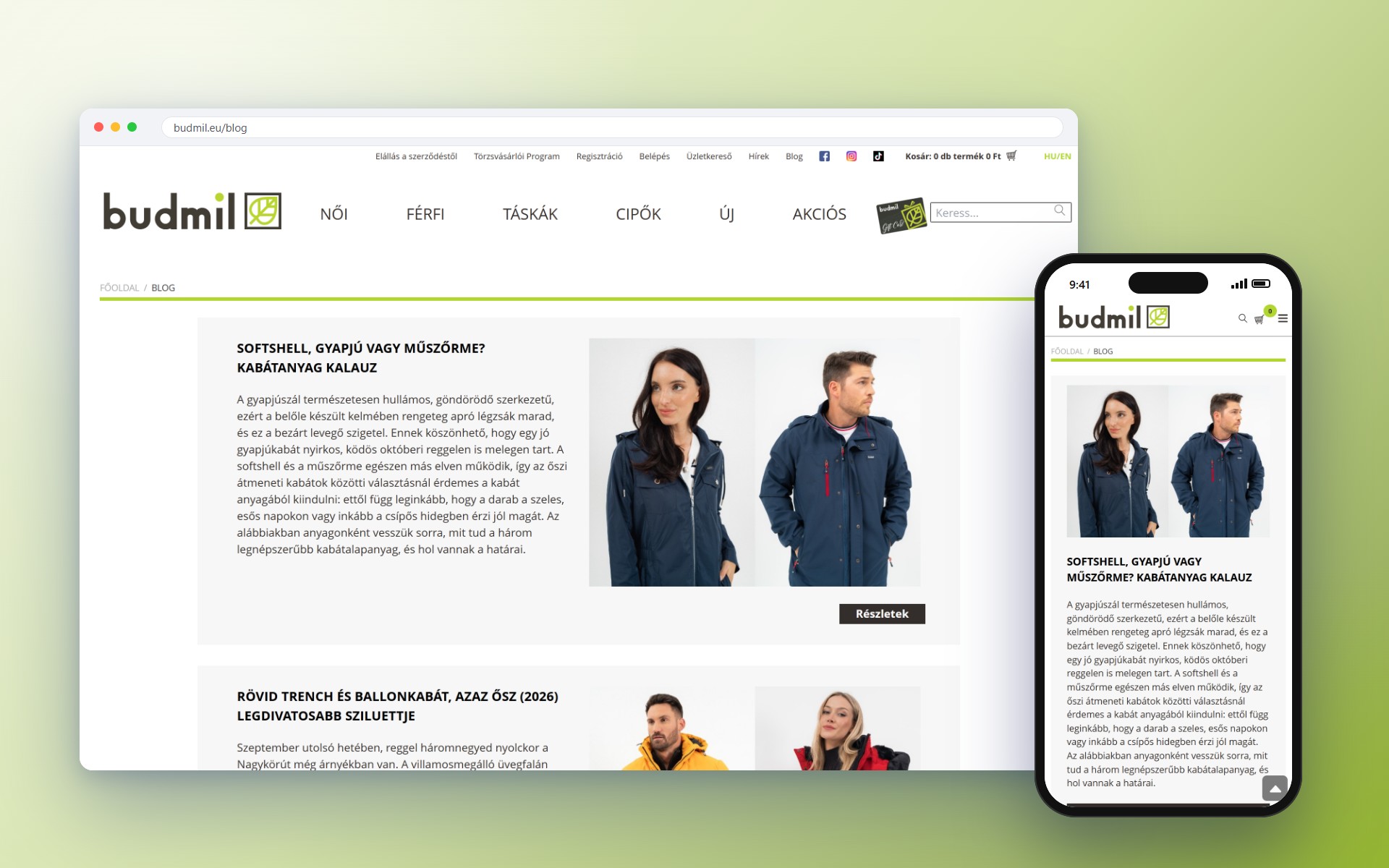 A budmil.eu blogja egy kabátanyag-kalauz cikkel asztali böngészőben és mobilon