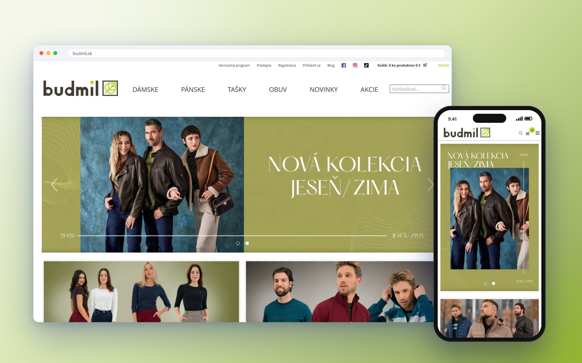 A szlovák budmil.sk webáruház főoldala asztali böngészőben és mobilon
