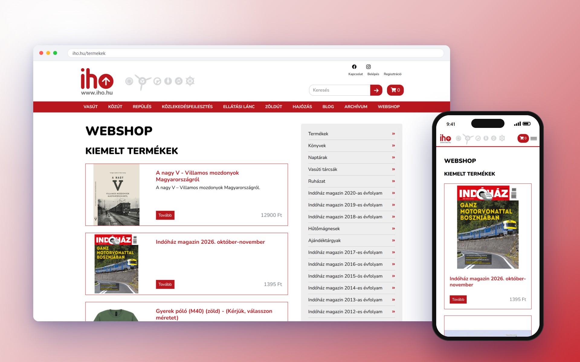 The Indóház online shop with featured books and magazines, on desktop and mobile
