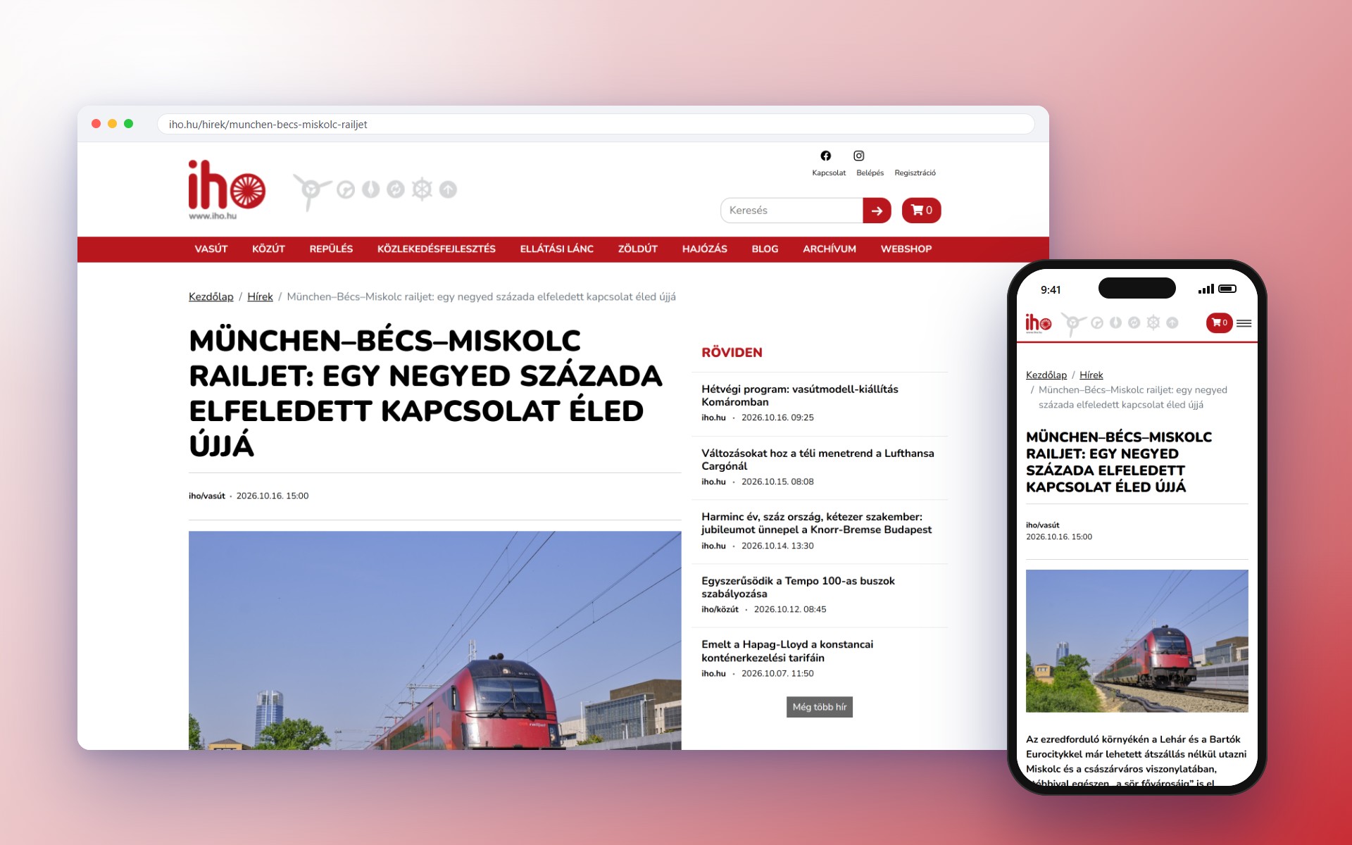 An article page on iho.hu with short news, on desktop and mobile